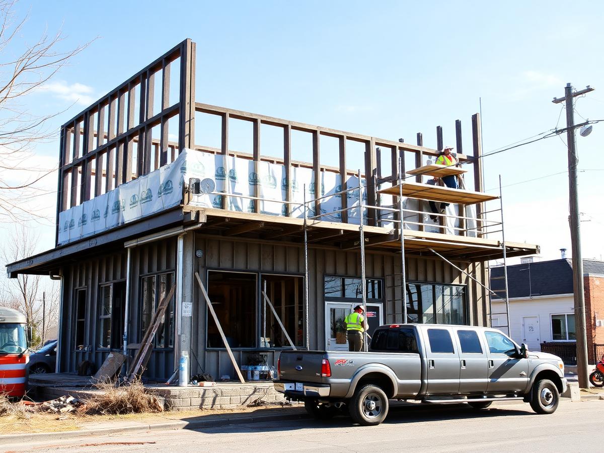 Small commercial building under construction with scaffolding