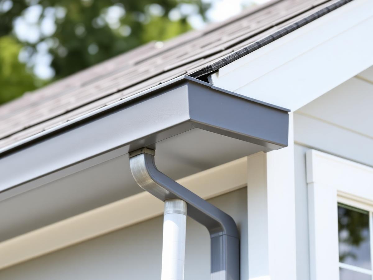New gutter and downspout detail on a residential roofline