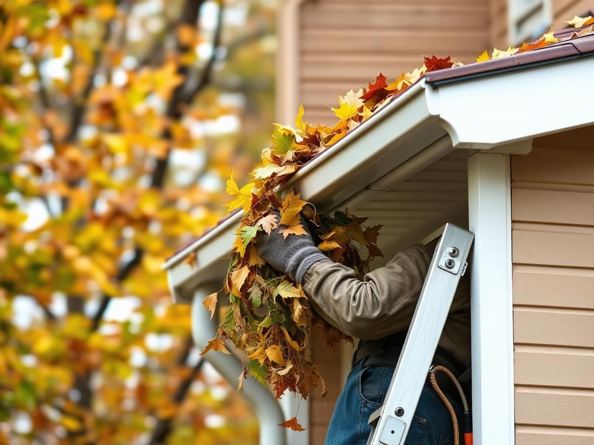 Worker clearing leaves from a gutter in autumn