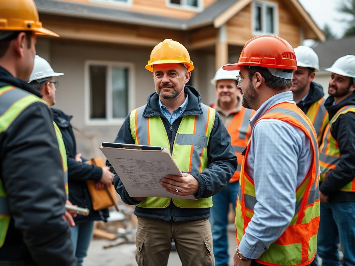 Site manager reviewing plans with the crew