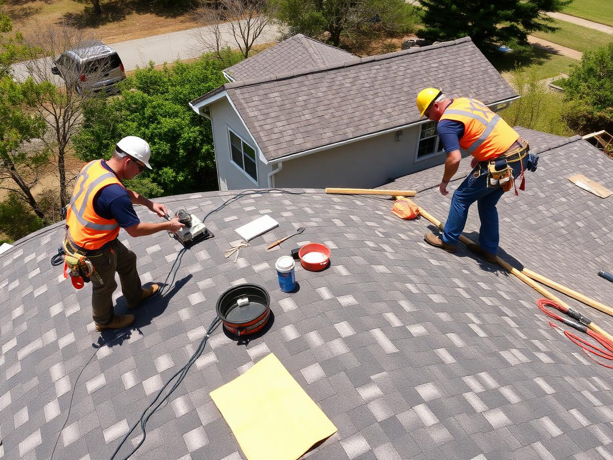Roofers working on a shingle roof replacement